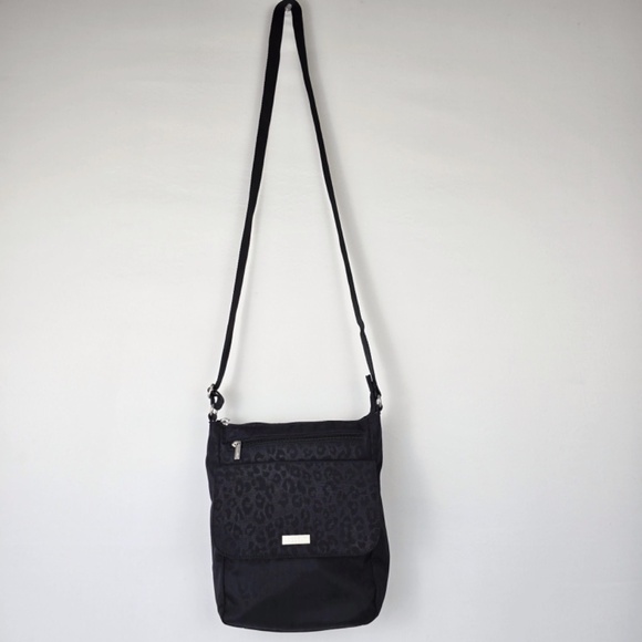 Baggallini Pocket Town Bagg Nylon Crossbody Shoulder Bag Black Cheetah Print - Picture 6 of 10